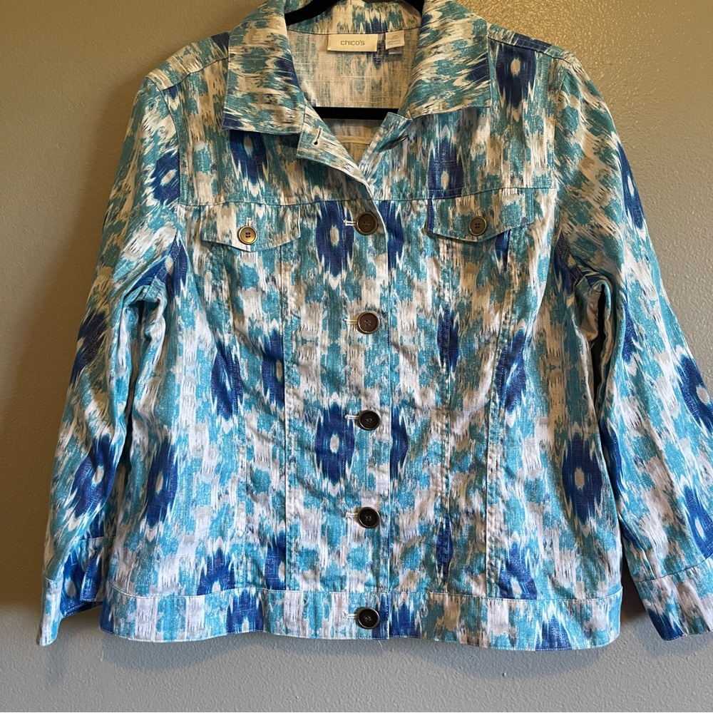 Chico’s Size 2 (L/12)‎ Artistic Linen Jacket in Blue With Silver Foil Sine.